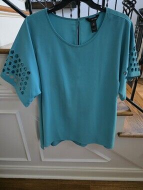Ali Miles Teal Short Sleeve Blouse with Honeycomb Cutout Sleeves